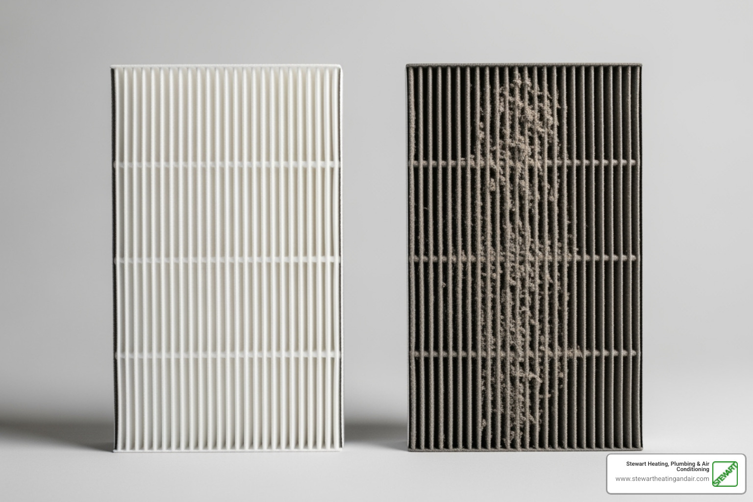 Image of a clean air filter next to a dirty one - hvac repair concord