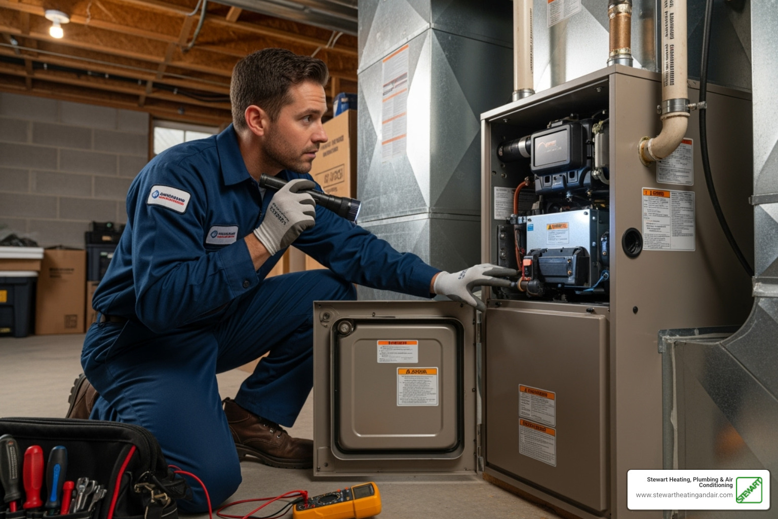 Image of a technician inspecting an indoor furnace unit - hvac repair concord
