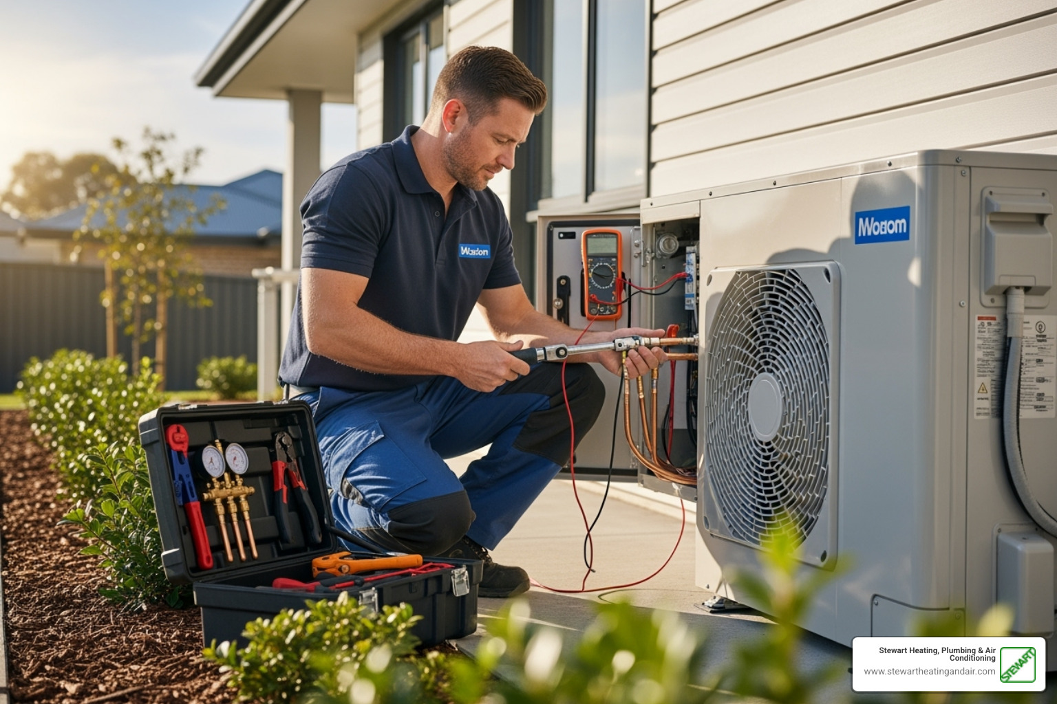 An HVAC technician professionally installing an outdoor heat pump unit, carefully connecting lines and checking components. - dual mode heat pump walnut creek