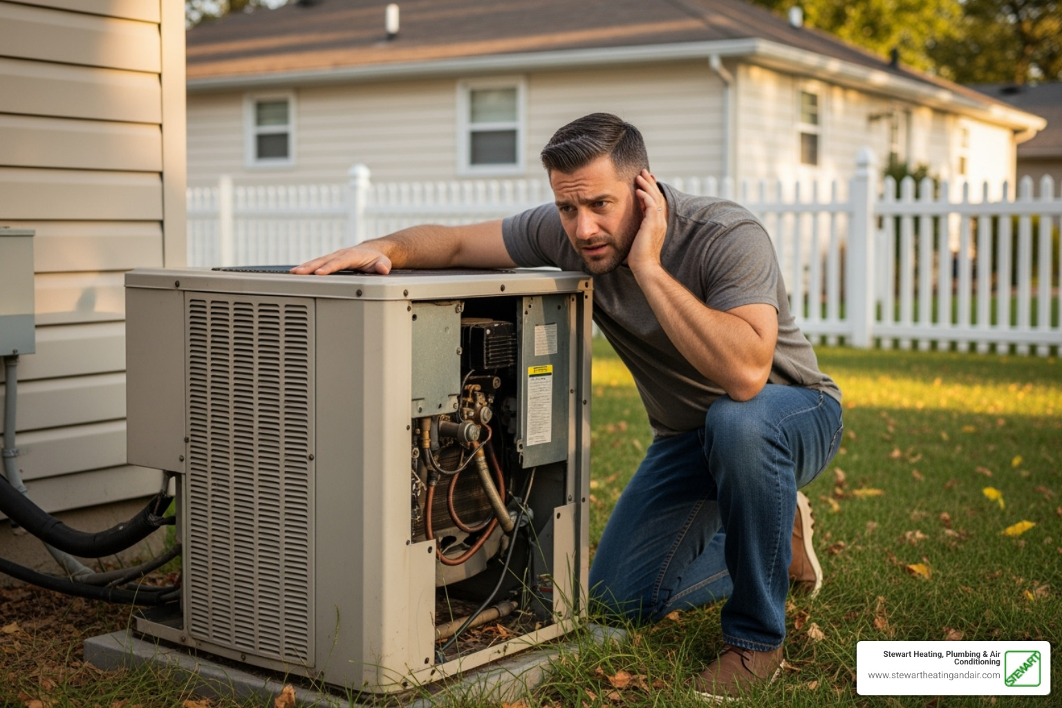 homeowner listening to a noisy air conditioner - preventive hvac service antioch ca homeowner listening to a noisy air conditioner - preventive hvac service antioch ca