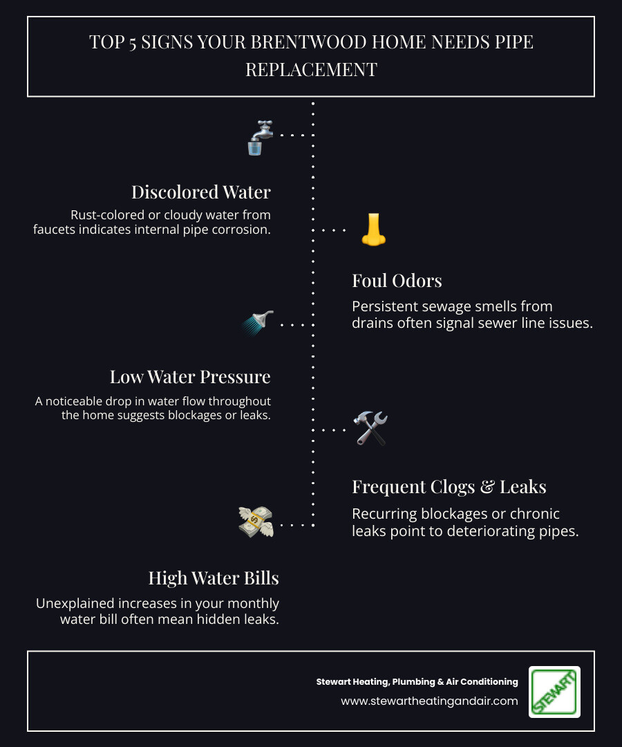 Infographic showing the top 5 signs you need pipe replacement: discolored brown or rusty water from faucets, persistent foul sewage odors from drains, chronically low water pressure throughout the home, frequent recurring clogs despite cleaning, and unexplained increases in monthly water bills - pipe replacement brentwood ca infographic infographic-line-5-steps-dark