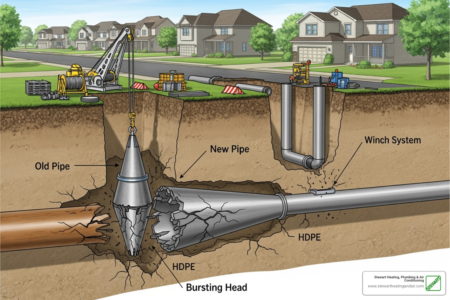 Trenchless pipe bursting process illustration - pipe replacement brentwood ca
