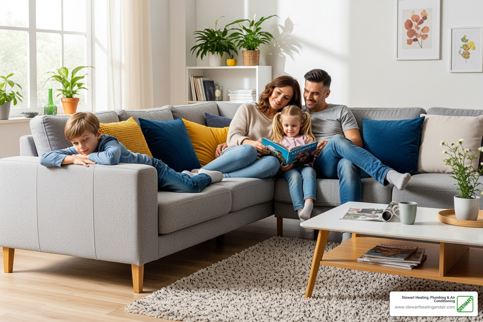 Family relaxing comfortably in their living room - HVAC replacement Concord Family relaxing comfortably in their living room - HVAC replacement Concord