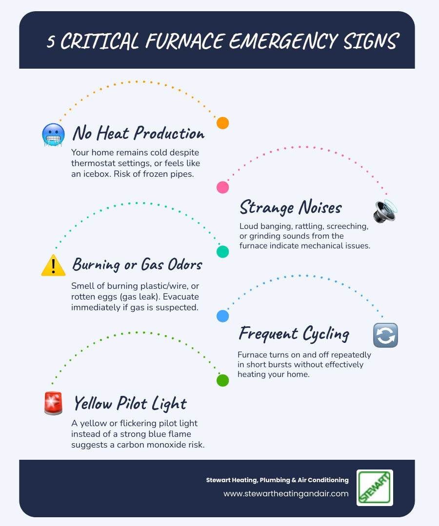 Infographic showing five critical furnace emergency signs: no heat production with frost forming indoors, strange mechanical noises like banging or squealing, burning or gas odors requiring immediate attention, frequent on-off cycling indicating system failure, and yellow pilot light flame suggesting carbon monoxide risk - 24 hour furnace repair in pittsburg, ca infographic infographic-line-5-steps-blues-accent_colors