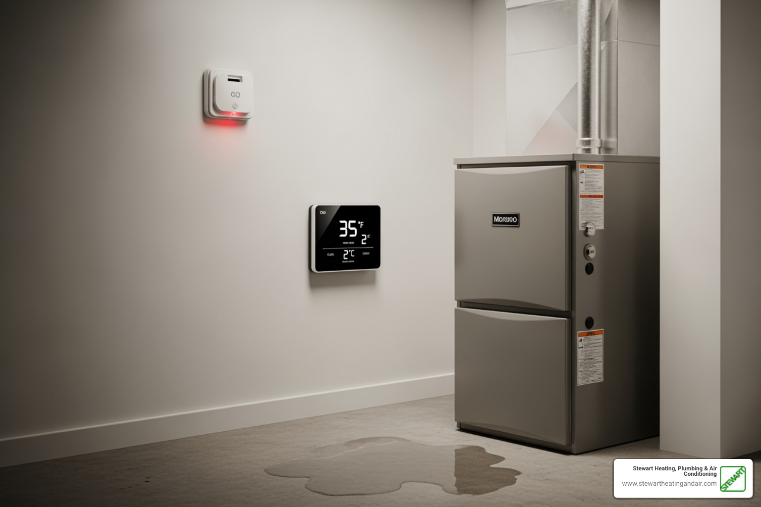 Infographic showing the top 5 signs of a furnace emergency: no heat during freezing weather with a thermometer icon, gas or rotten egg smell with a warning symbol, carbon monoxide detector alarm with a flashing red light, loud banging or scraping noises with sound waves, and water pooling around the furnace with a droplet icon - emergency furnace repair in concord, ca Infographic showing the top 5 signs of a furnace emergency: no heat during freezing weather with a thermometer icon, gas or rotten egg smell with a warning symbol, carbon monoxide detector alarm with a flashing red light, loud banging or scraping noises with sound waves, and water pooling around the furnace with a droplet icon - emergency furnace repair in concord, ca