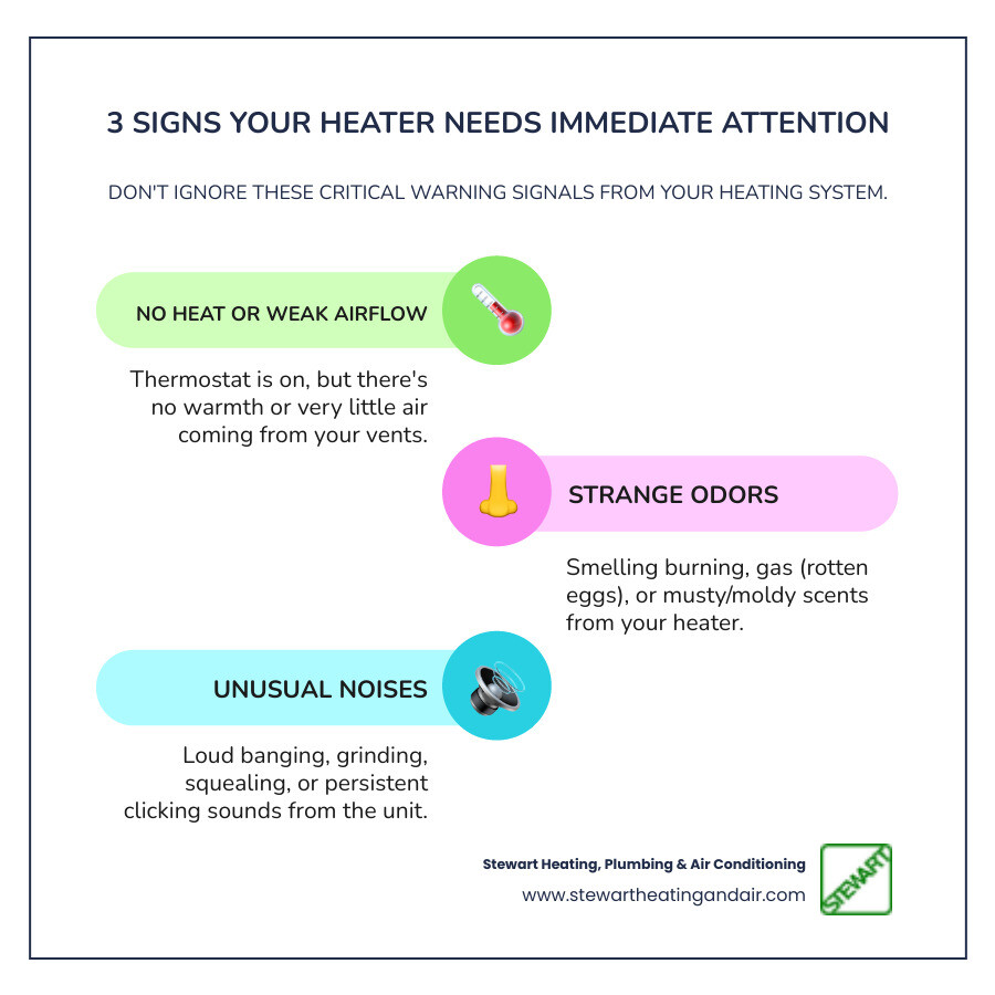 Infographic showing three warning signs requiring immediate heater attention: no heat or weak airflow with a thermostat icon, strange burning or gas odors with a nose icon, and unusual loud banging or grinding noises with a sound wave icon - heater repair walnut-creek ca infographic infographic-line-3-steps-colors Infographic showing three warning signs requiring immediate heater attention: no heat or weak airflow with a thermostat icon, strange burning or gas odors with a nose icon, and unusual loud banging or grinding noises with a sound wave icon - heater repair walnut-creek ca infographic infographic-line-3-steps-colors