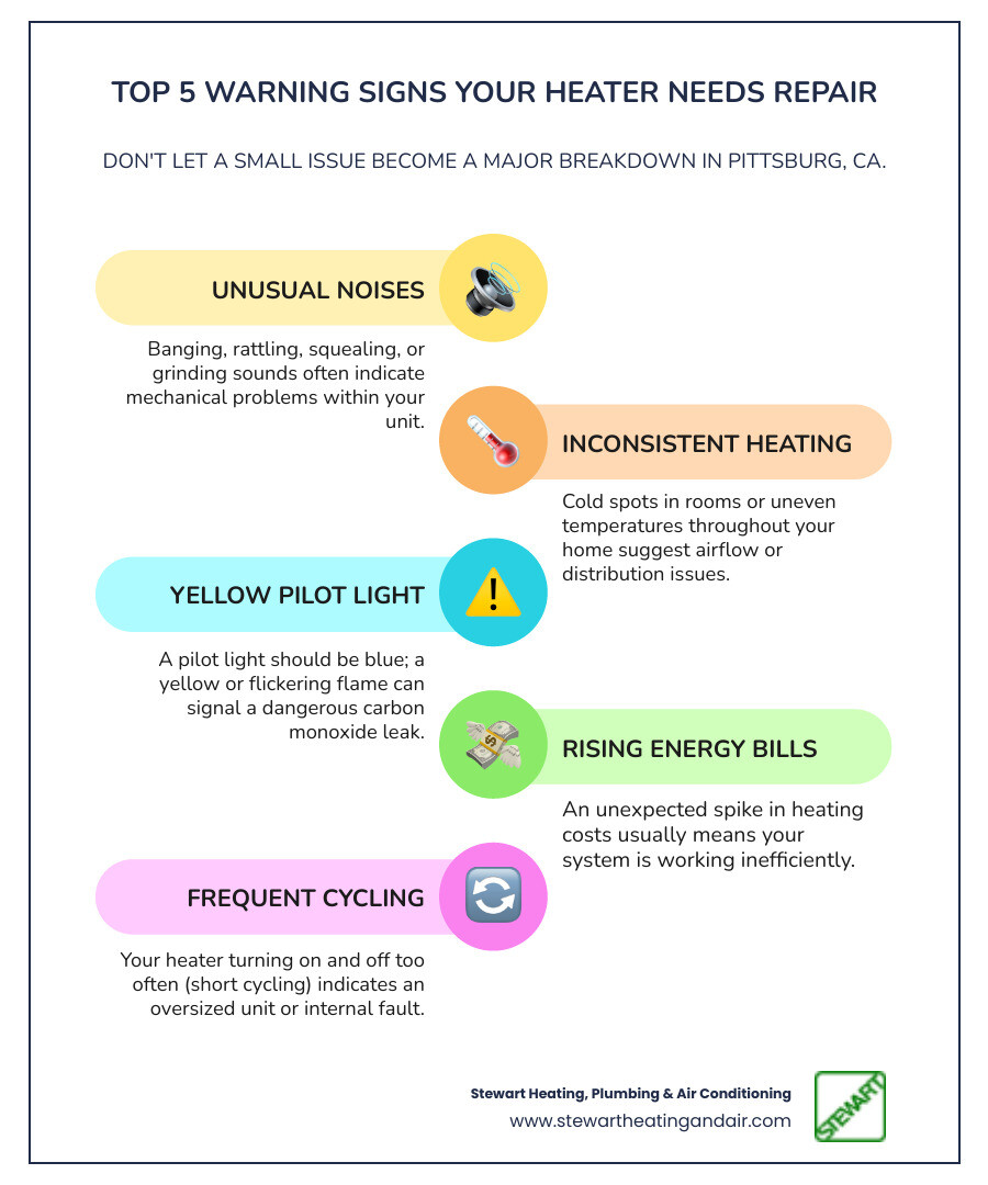 Infographic showing five warning signs your heater needs repair: unusual noises like banging or rattling, inconsistent heating or cold spots in your home, yellow or flickering pilot light, sudden increase in energy bills, and frequent cycling on and off - heater repair in pittsburg, ca infographic infographic-line-5-steps-colors Infographic showing five warning signs your heater needs repair: unusual noises like banging or rattling, inconsistent heating or cold spots in your home, yellow or flickering pilot light, sudden increase in energy bills, and frequent cycling on and off - heater repair in pittsburg, ca infographic infographic-line-5-steps-colors