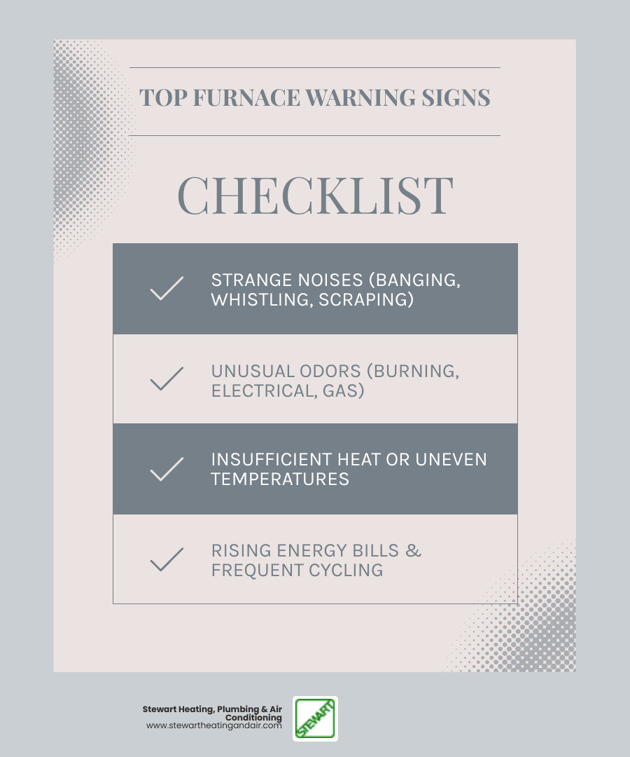 Infographic showing the top 5 warning signs your furnace needs professional repair in Pittsburg, CA: 1) Strange noises like banging, whistling, or scraping sounds, 2) Unusual odors including burning smells or gas odors, 3) Insufficient heating or uneven temperatures throughout the home, 4) Unexplained increases in energy bills, and 5) Furnace cycling on and off frequently or pilot light issues - furnace repair in pittsburg, ca infographic checklist-light-blue-grey Infographic showing the top 5 warning signs your furnace needs professional repair in Pittsburg, CA: 1) Strange noises like banging, whistling, or scraping sounds, 2) Unusual odors including burning smells or gas odors, 3) Insufficient heating or uneven temperatures throughout the home, 4) Unexplained increases in energy bills, and 5) Furnace cycling on and off frequently or pilot light issues - furnace repair in pittsburg, ca infographic checklist-light-blue-grey
