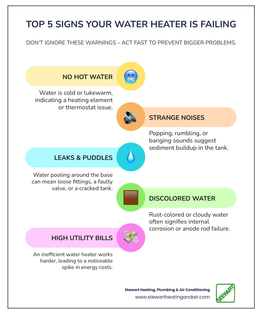 infographic showing warning signs of water heater failure including no hot water, strange noises, leaks, discolored water, and high energy bills with corresponding icons - "I need a professional water heater repair service in the Danville area. Who are the best options?" infographic infographic-line-5-steps-colors infographic showing warning signs of water heater failure including no hot water, strange noises, leaks, discolored water, and high energy bills with corresponding icons - "I need a professional water heater repair service in the Danville area. Who are the best options?" infographic infographic-line-5-steps-colors