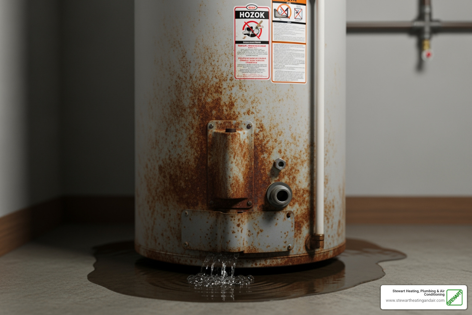 Infographic showing the top 5 critical signs your water heater is about to fail: major water leak or flooding, complete loss of hot water, loud banging or popping sounds, gas smell like rotten eggs, and visible rust or corrosion on a unit over 10 years old - emergency water heater replacement in pittsburg, ca