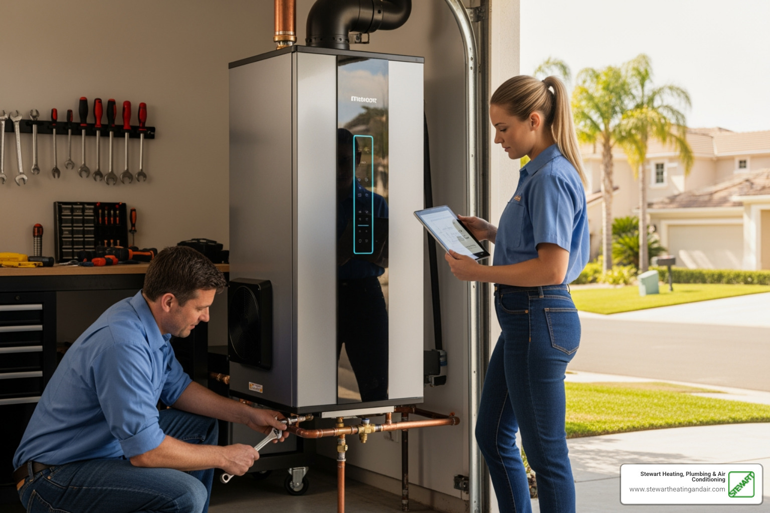 infographic showing how a heat pump water heater extracts warmth from ambient air and transfers it to water in the tank, with labeled components including evaporator, compressor, condenser, and storage tank, plus a comparison showing 60-70% energy savings versus traditional electric water heaters - "I'm interested in a heat pump water heater. Which plumbers in Brentwood install them?"