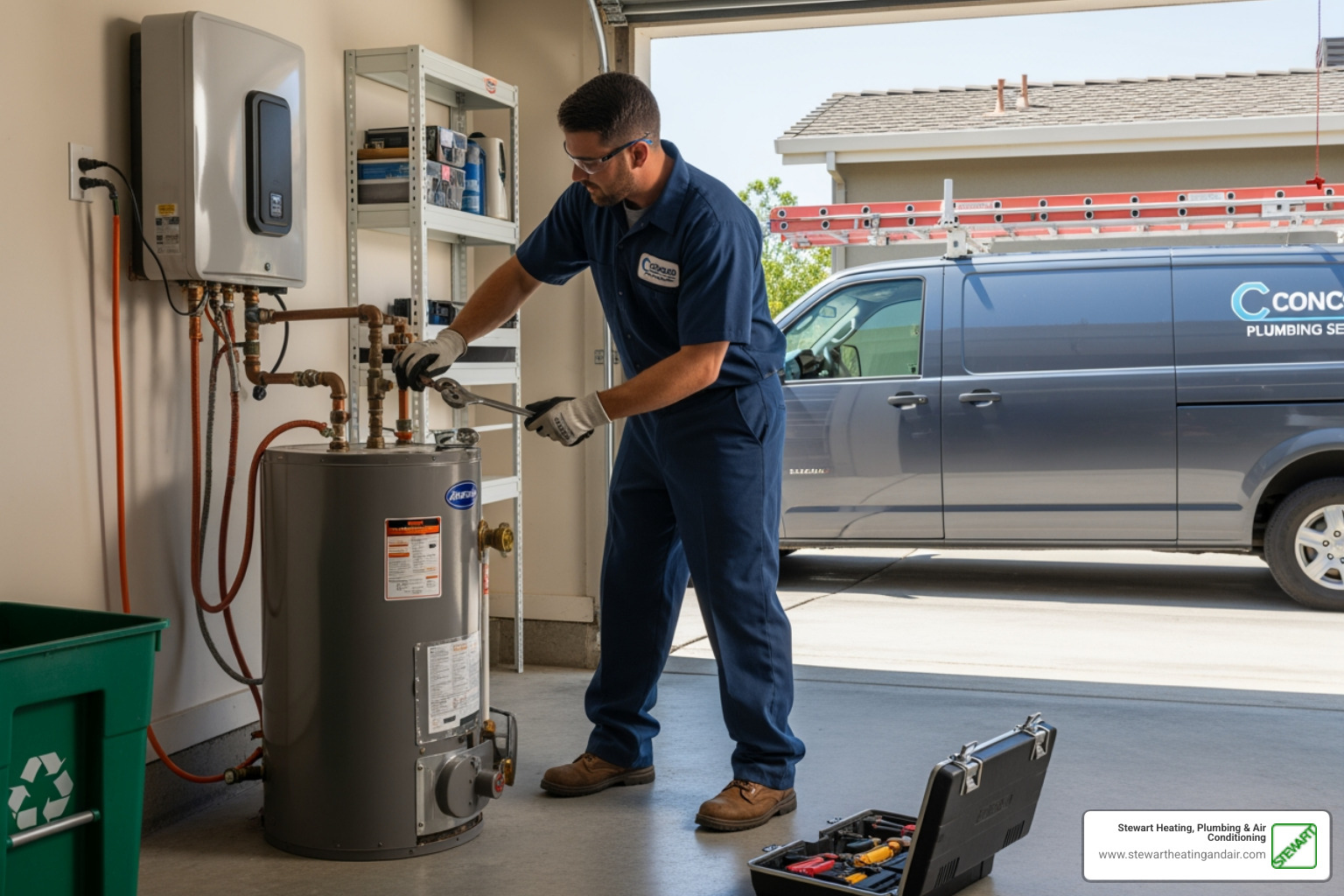 Infographic showing comparison between traditional tank water heaters and tankless systems, highlighting key benefits including endless hot water supply, 95% efficiency rating versus 63% for tanks, 20-40% cost savings, 20+ year lifespan versus 8-10 years, and compact wall-mounted design that saves floor space in Concord homes - tankless water heater replacement concord ca