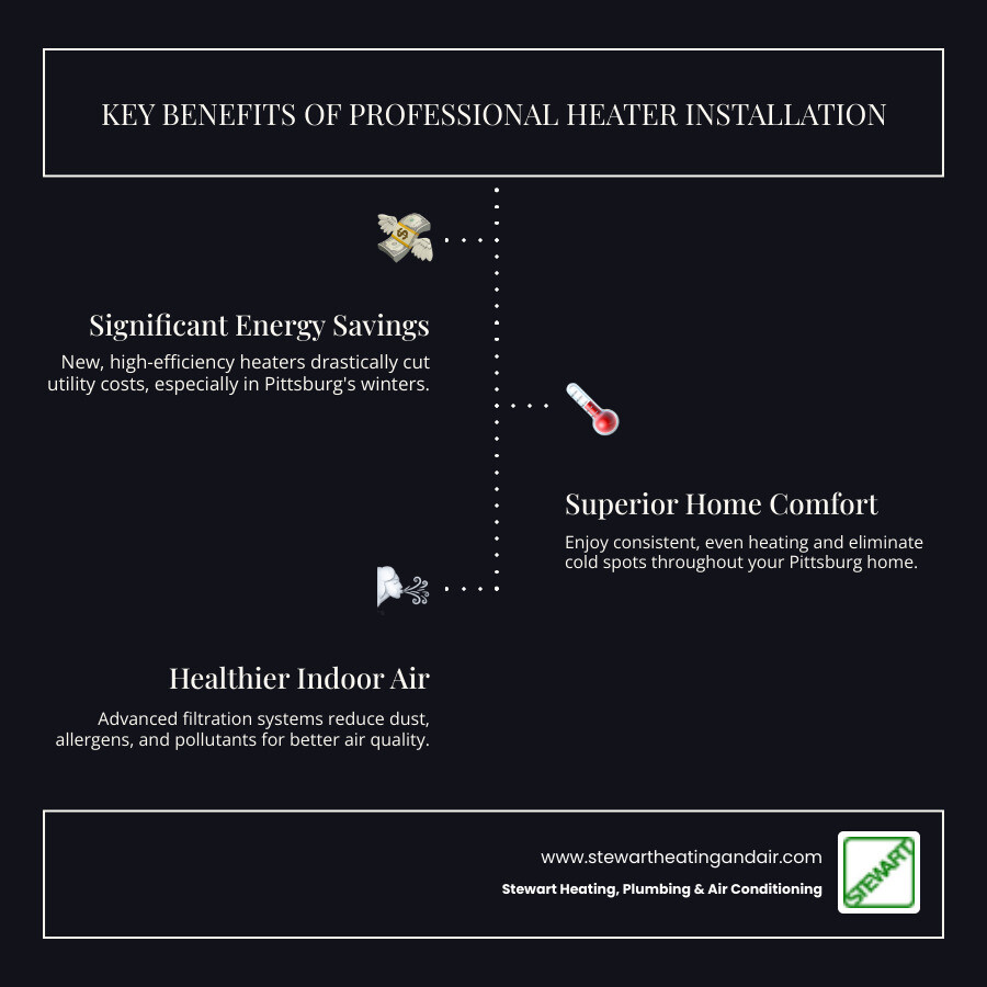 infographic showing the benefits of professional heater installation including improved energy efficiency with percentage savings, enhanced home comfort with even temperature distribution, better indoor air quality with modern filtration systems, increased property value, warranty protection, and safety compliance with local codes - heater installation pittsburg ca infographic infographic-line-3-steps-dark