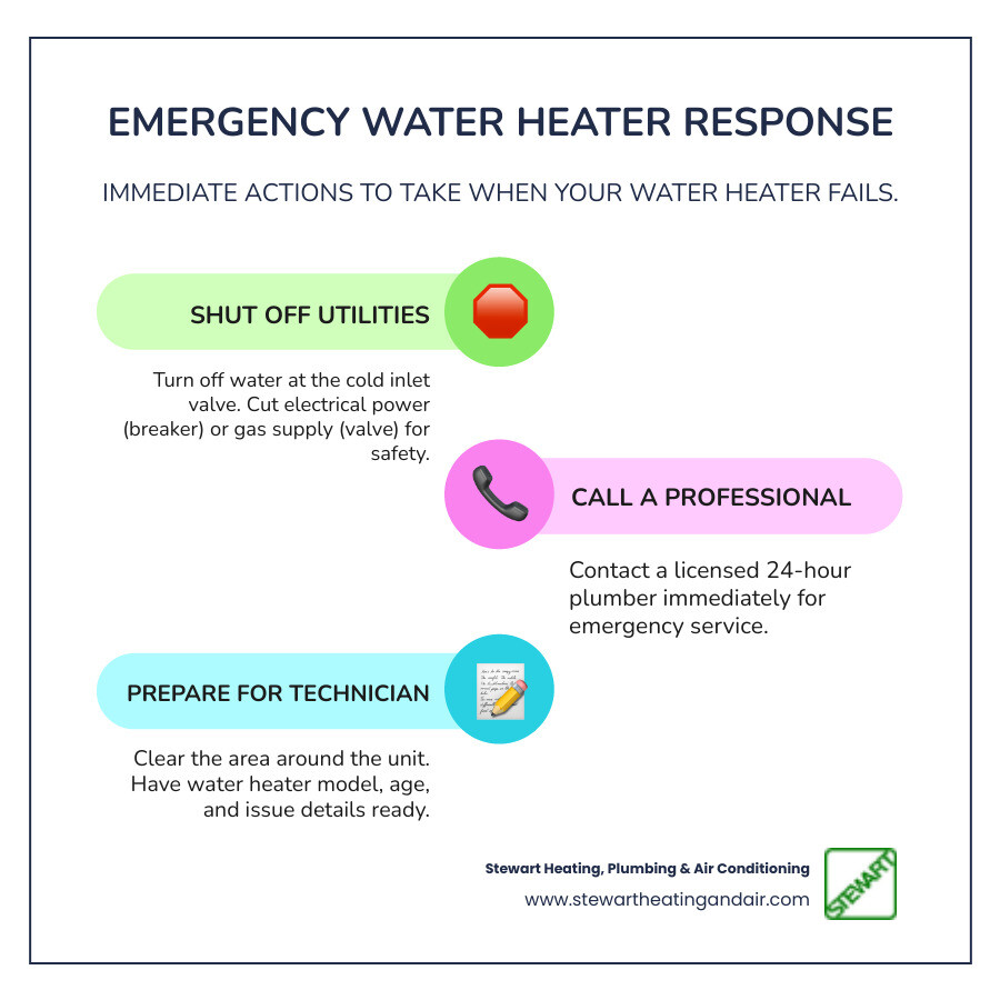 Infographic showing emergency water heater response steps: 1. Shut off cold water inlet valve to stop flooding, 2. Turn off electrical breaker or gas supply valve for safety, 3. Call a licensed 24-hour plumber immediately, 4. Move belongings away from the area, 5. Have your water heater model number and age ready for the technician - 24 hour water heater repair in pittsburg, ca infographic infographic-line-3-steps-colors
