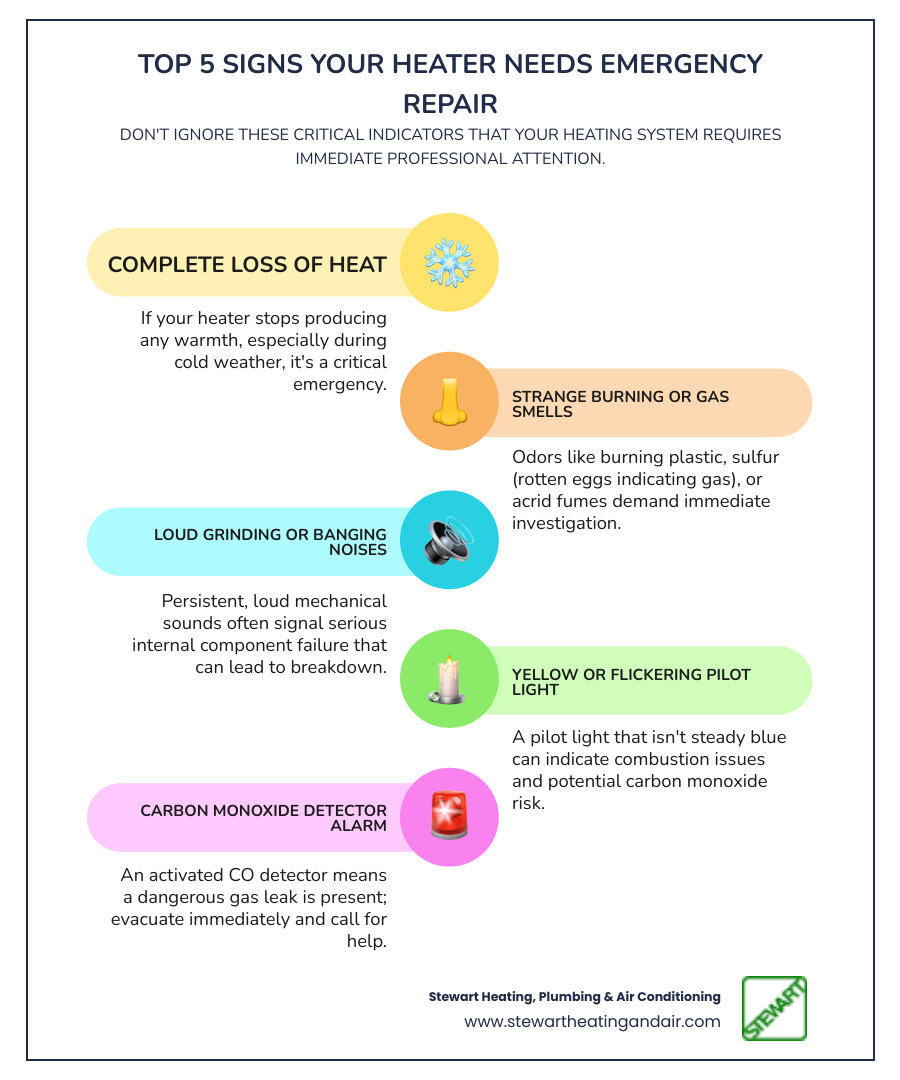 Infographic showing the top 5 signs your heater needs emergency repair: 1. Complete loss of heat in cold weather, 2. Strange burning or gas smells, 3. Loud grinding or banging noises, 4. Yellow or flickering pilot light, 5. Carbon monoxide detector alarm - 24 hour emergency heater repair in concord, ca infographic infographic-line-5-steps-colors Infographic showing the top 5 signs your heater needs emergency repair: 1. Complete loss of heat in cold weather, 2. Strange burning or gas smells, 3. Loud grinding or banging noises, 4. Yellow or flickering pilot light, 5. Carbon monoxide detector alarm - 24 hour emergency heater repair in concord, ca infographic infographic-line-5-steps-colors