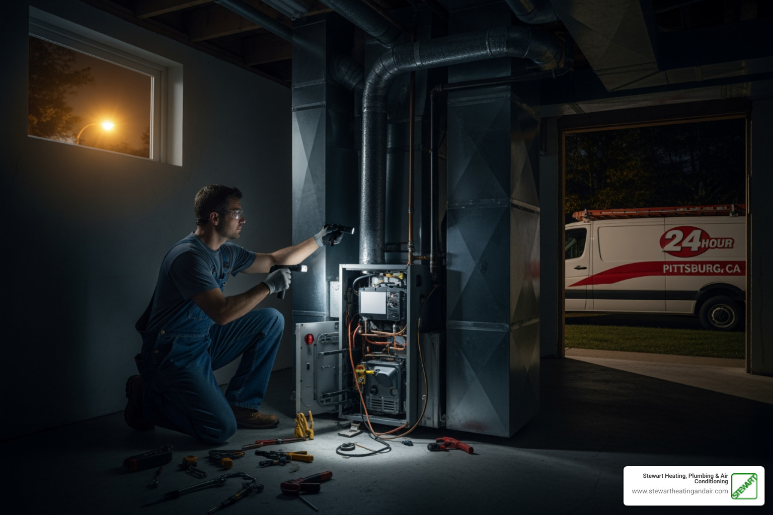 infographic showing five critical signs requiring emergency heater repair: no heat or cold air from vents, unusual noises like banging or squealing, burning smell or gas odor, frequent on-off cycling, and sudden spike in energy bills - 24 hour emergency heater repair in pittsburg, ca