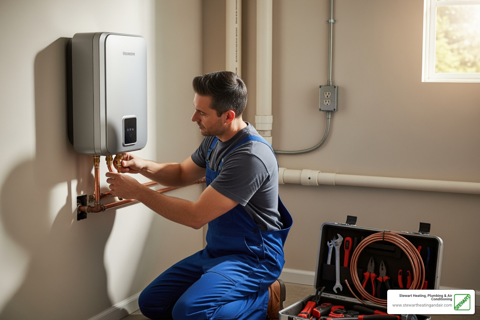 infographic showing comparison between traditional tank water heater with standby heat loss and limited capacity versus tankless on-demand system providing endless hot water with higher energy efficiency - 24 hour tankless water heater installation in pittsburg, ca