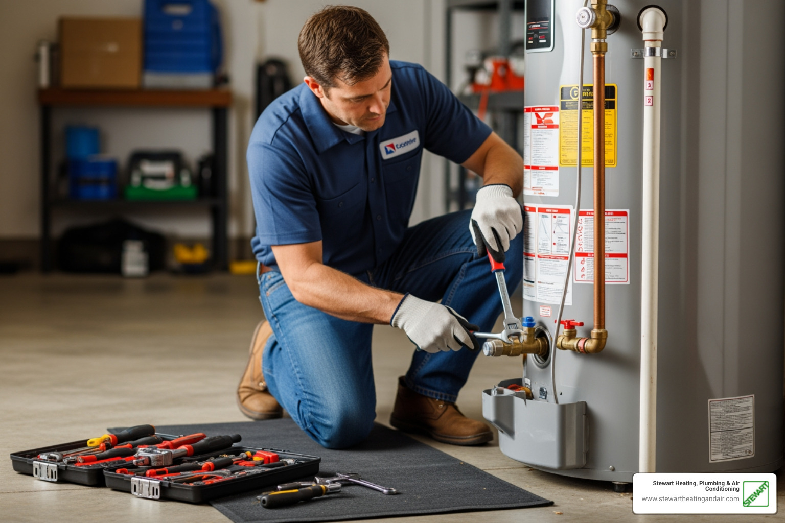 Infographic showing the top 5 benefits of regular water heater maintenance: 1. Extended lifespan up to 15+ years, 2. Lower energy bills through improved efficiency, 3. Reduced risk of sudden breakdowns, 4. Prevention of water damage from leaks, 5. Maintained manufacturer warranty coverage - water heater maintenance concord ca