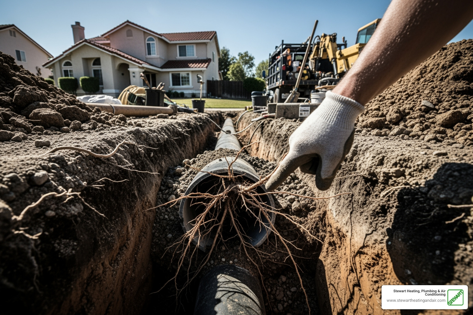 Infographic showing the 5 key warning signs of sewer line problems: 1) Multiple slow drains throughout the home, 2) Gurgling sounds from toilets or drains, 3) Foul sewage odors in yard or home, 4) Sewage backups or standing water, 5) Unusually green or lush patches in the lawn - sewer line repair concord ca