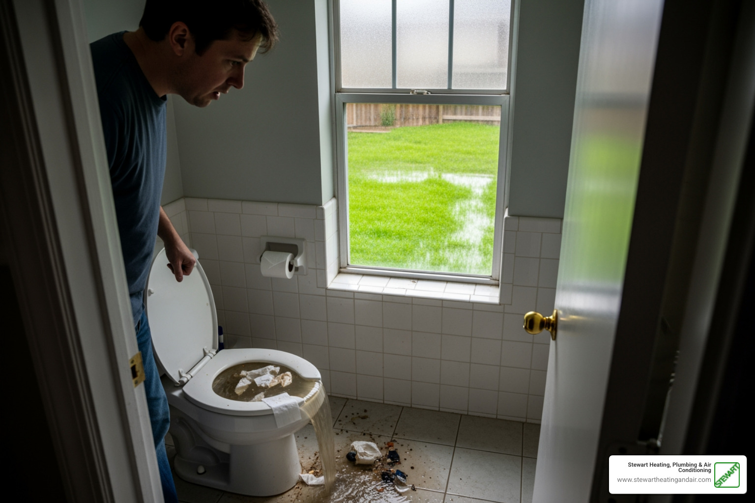 Infographic showing the three critical warning signs of a sewer line emergency: first panel shows multiple fixtures with slow drains and backup water, second panel depicts a person holding their nose near a drain with sewage odor symbols, third panel shows a home's yard with unusually bright green patches and wet spots indicating underground leaks - emergency sewer line repair in Pittsburg, CA