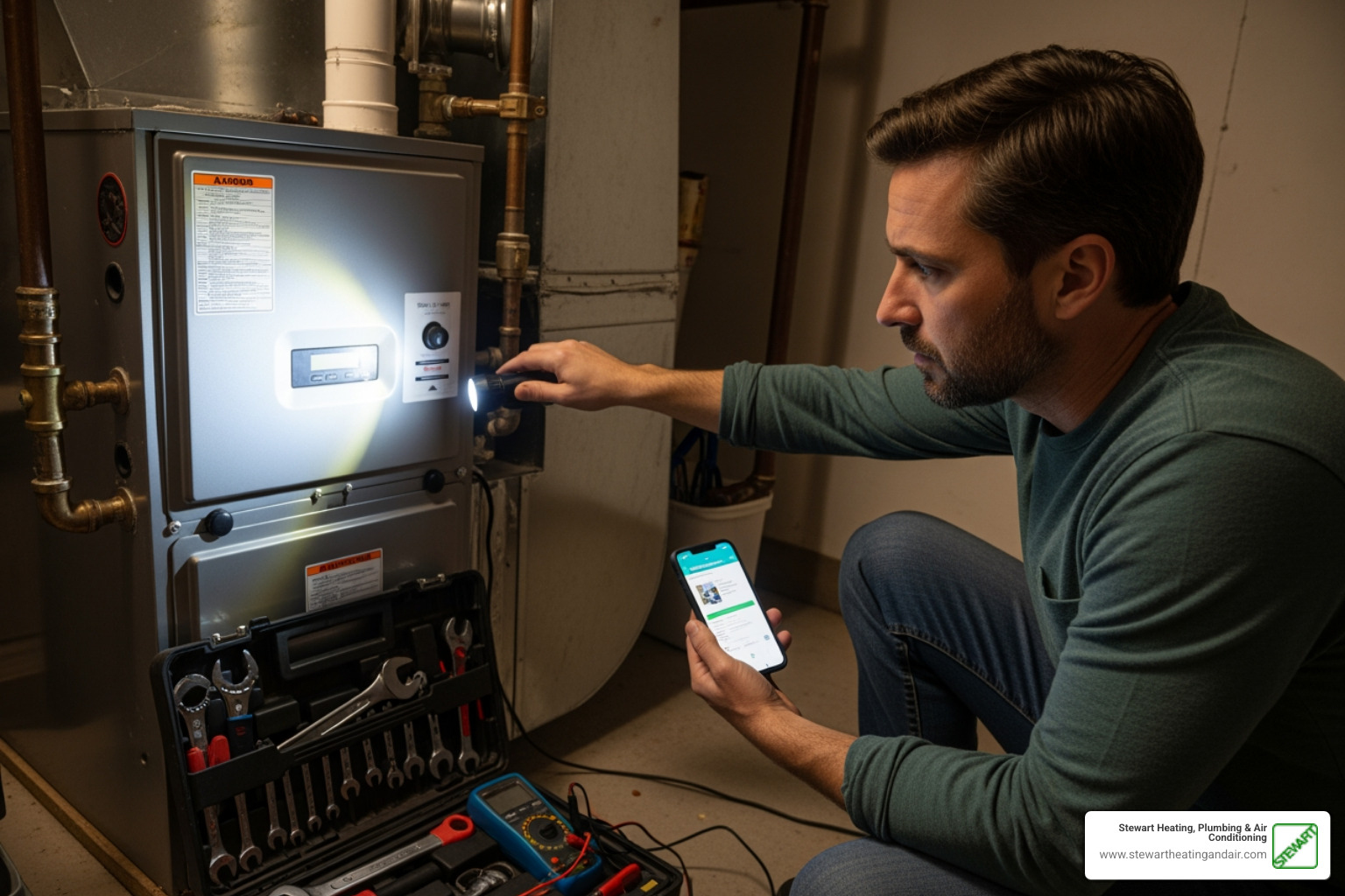 infographic showing warning signs your furnace needs repair including strange noises like banging or squealing, unusual smells such as burning dust or rotten eggs, inconsistent heating throughout the home, frequent on-and-off cycling, and unexpectedly high energy bills - top rated furnace repair in pittsburg, ca