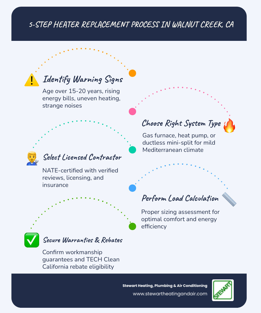 Infographic showing the 5-step heater replacement process in Walnut Creek CA: Step 1 - Identify warning signs like age over 15-20 years, rising bills, uneven heating; Step 2 - Choose the right system type (gas furnace, heat pump, or ductless mini-split) for Walnut Creek's Mediterranean climate; Step 3 - Select a licensed, NATE-certified contractor with strong verified reviews; Step 4 - Schedule a load calculation and proper sizing assessment; Step 5 - Confirm warranties, rebate eligibility, and maintenance plan - best heater replacement in walnut-creek, ca infographic infographic-line-5-steps-blues-accent_colors