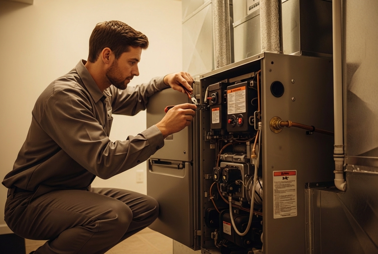 infographic showing five key benefits of annual furnace maintenance: improved safety through carbon monoxide detection and gas leak checks, lower utility bills from peak efficiency operation, extended equipment lifespan of 15-20 years with proper care, fewer costly emergency repairs by catching issues early, and peace of mind with reliable winter comfort - furnace maintenance concord ca