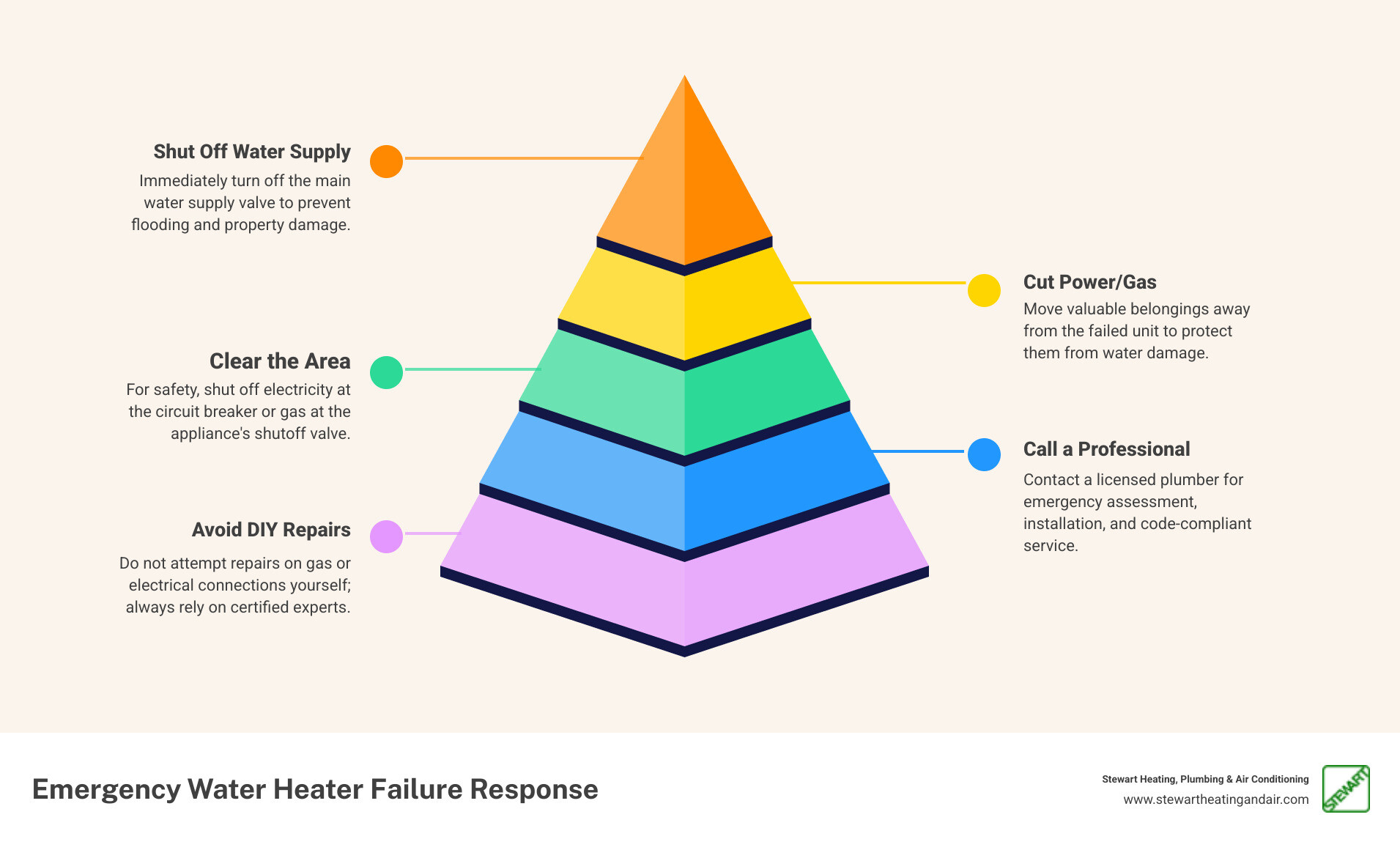 Infographic showing emergency water heater failure response steps: 1. Turn off main water supply valve to prevent flooding, 2. Shut off electrical power at circuit breaker or gas supply at shutoff valve for safety, 3. Clear area around failed unit and protect belongings from water damage, 4. Call licensed professional plumber for emergency assessment and installation, 5. Do not attempt DIY repairs on gas or electrical connections - emergency water heater installation in concord, ca infographic