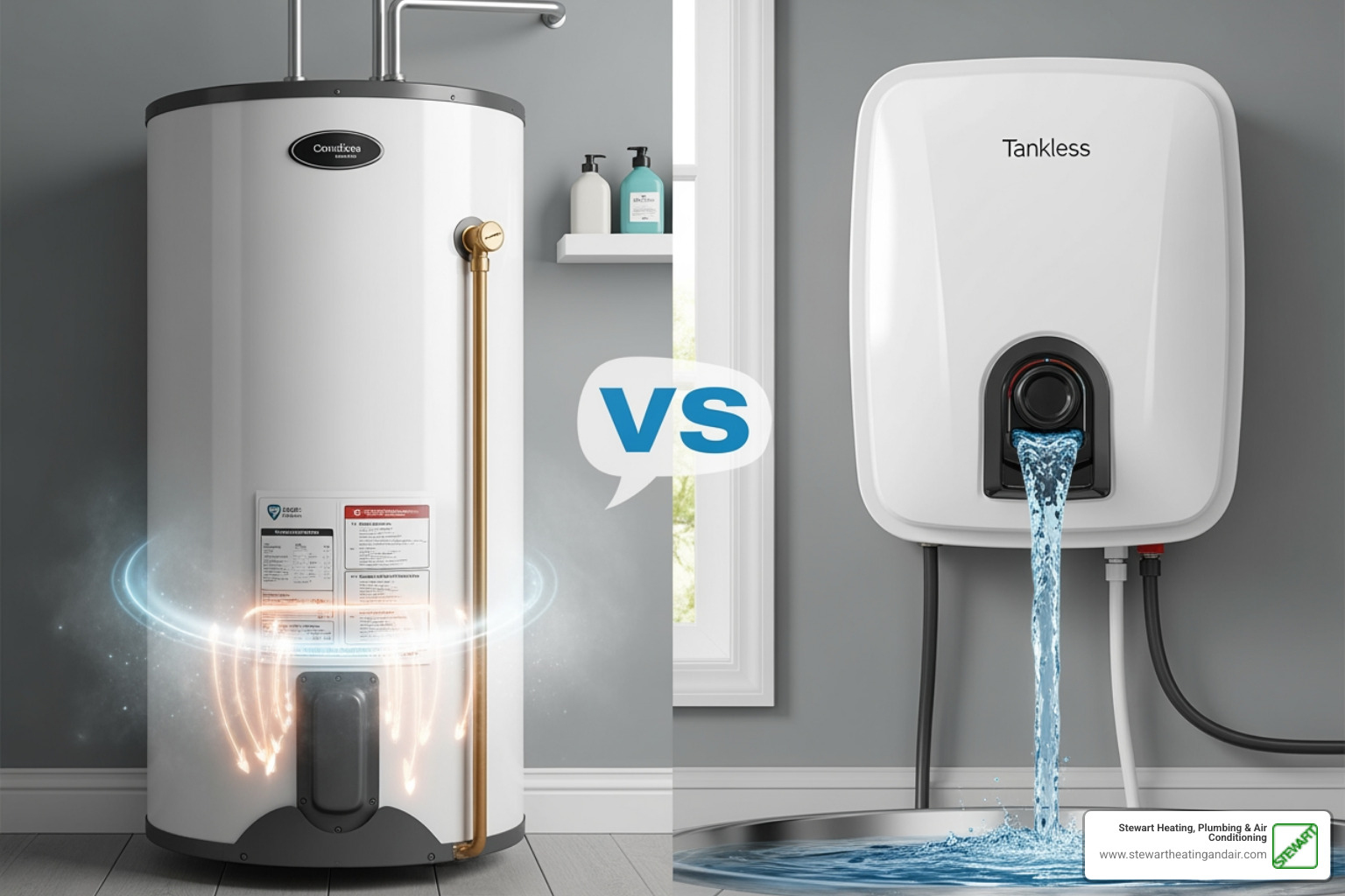 Infographic comparing traditional tank water heater with constant heating cycle and standby energy loss versus tankless water heater with on-demand heating only when hot water tap is opened, showing energy savings and endless hot water supply - tankless water heater installation concord ca