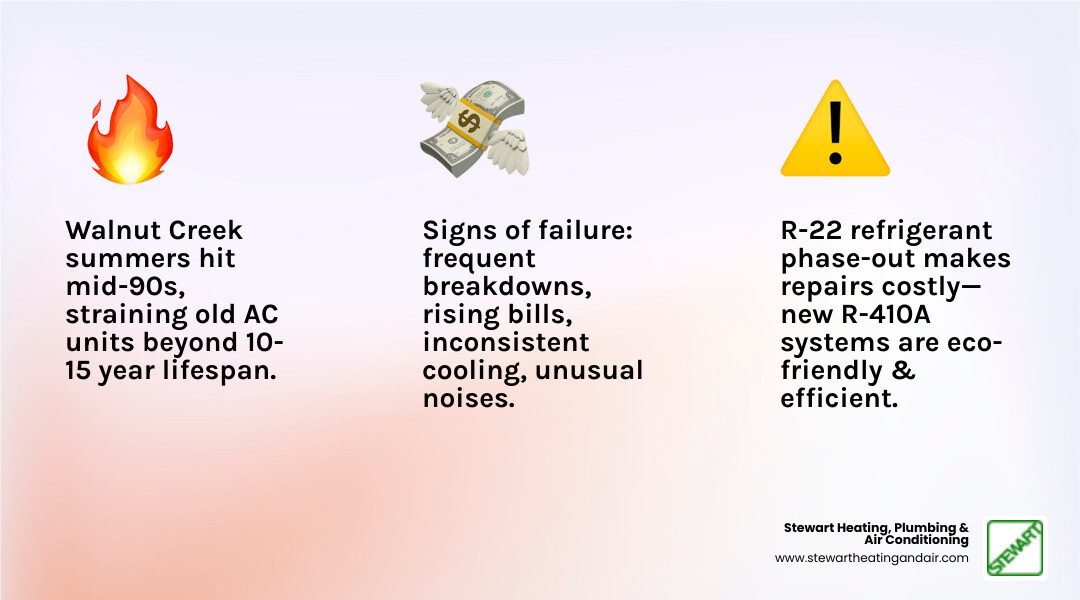 Infographic showing AC replacement timeline, warning signs, and efficiency benefits for Walnut Creek homeowners - ac Infographic showing AC replacement timeline, warning signs, and efficiency benefits for Walnut Creek homeowners - ac