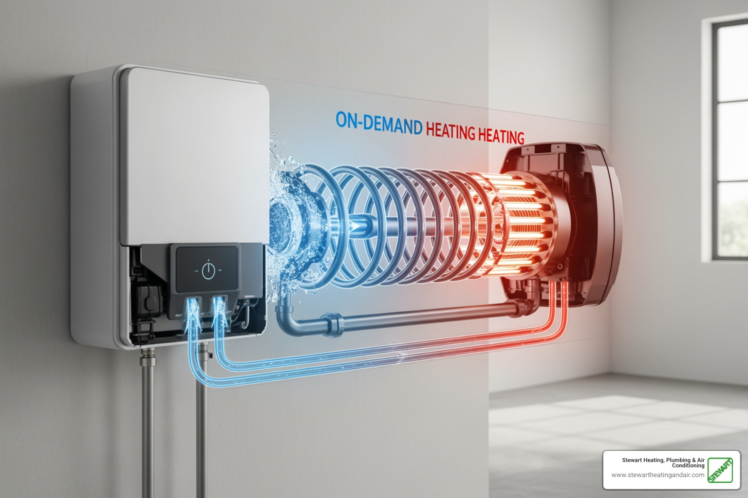 infographic showing how tankless water heaters work with on-demand heating elements, flow sensors, and heat exchanger components providing continuous hot water supply - tankless water heater repair pittsburg ca