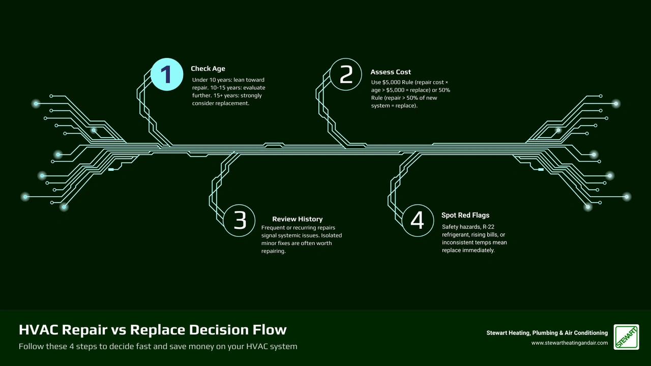 Repair vs replace HVAC decision flowchart showing age, cost rules, and replacement indicators - should i repair or replace Repair vs replace HVAC decision flowchart showing age, cost rules, and replacement indicators - should i repair or replace