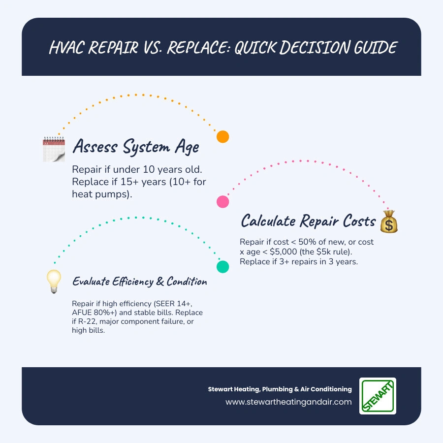 Infographic showing HVAC repair vs replace decision factors including age, cost rules, and efficiency thresholds - when to Infographic showing HVAC repair vs replace decision factors including age, cost rules, and efficiency thresholds - when to