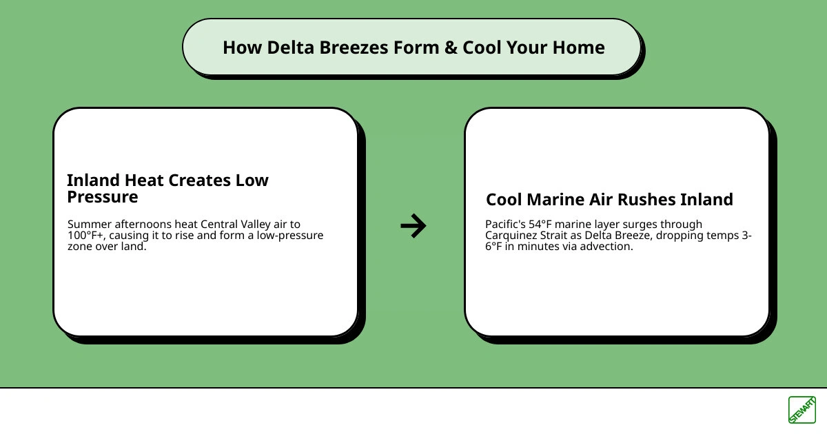 Infographic showing Delta breeze pressure gradient from Pacific Coast to Central Valley and how microclimates affect home Infographic showing Delta breeze pressure gradient from Pacific Coast to Central Valley and how microclimates affect home