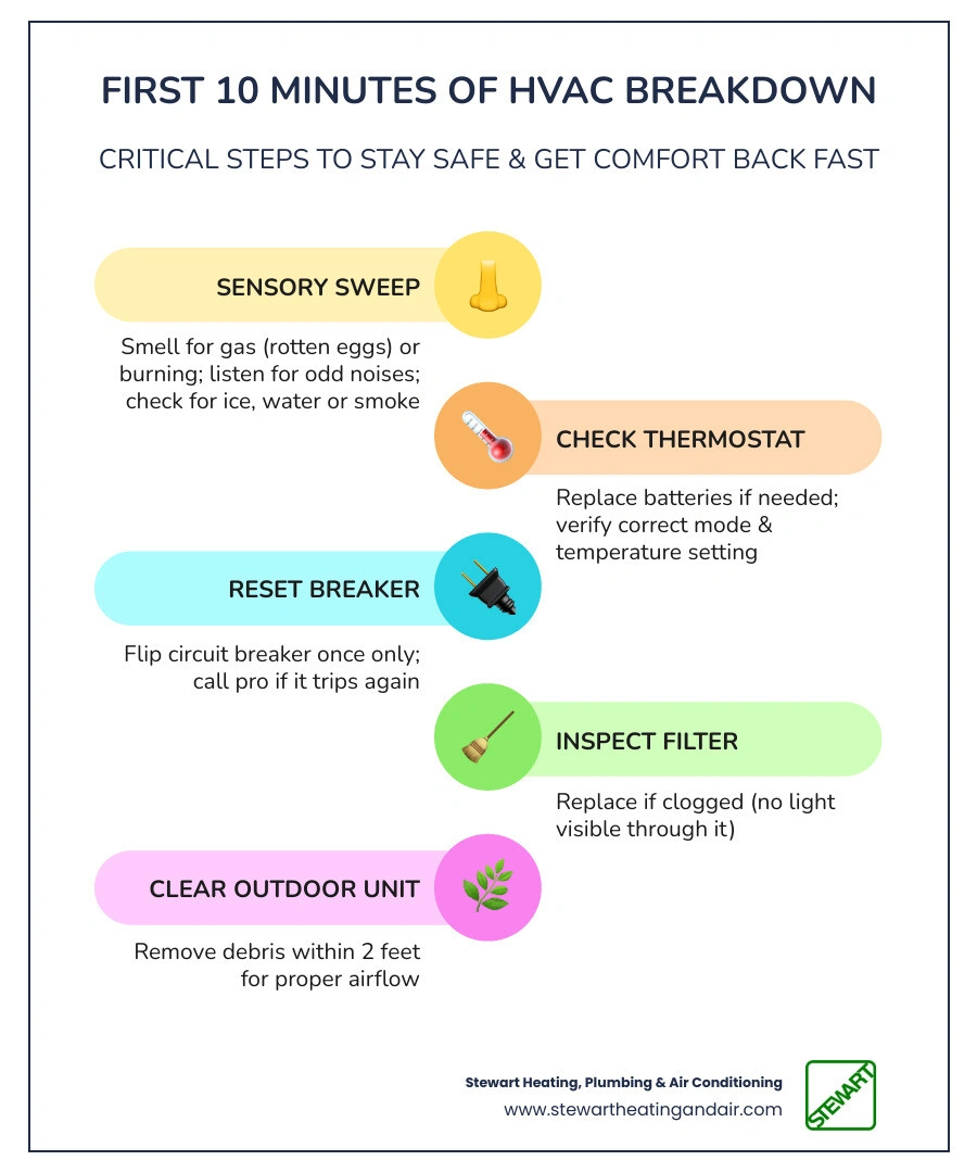 Infographic: The First 10 Minutes of an HVAC Breakdown - sensory sweep, thermostat check, breaker reset, filter check Infographic: The First 10 Minutes of an HVAC Breakdown - sensory sweep, thermostat check, breaker reset, filter check