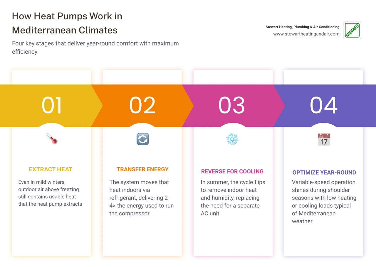 Infographic showing how heat pumps work in Mediterranean climates: mild winter heating, summer cooling, humidity management