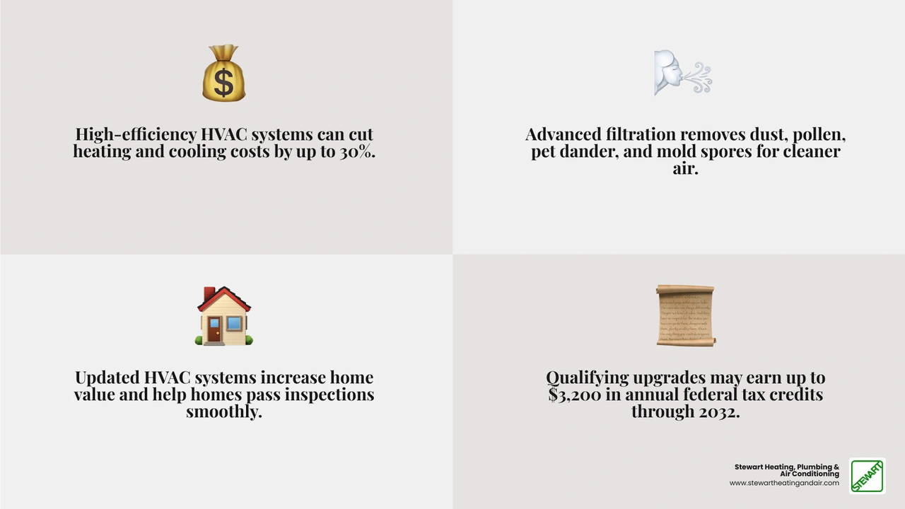 Infographic showing how a new HVAC upgrade improves health, energy efficiency, and home value for homeowners infographic