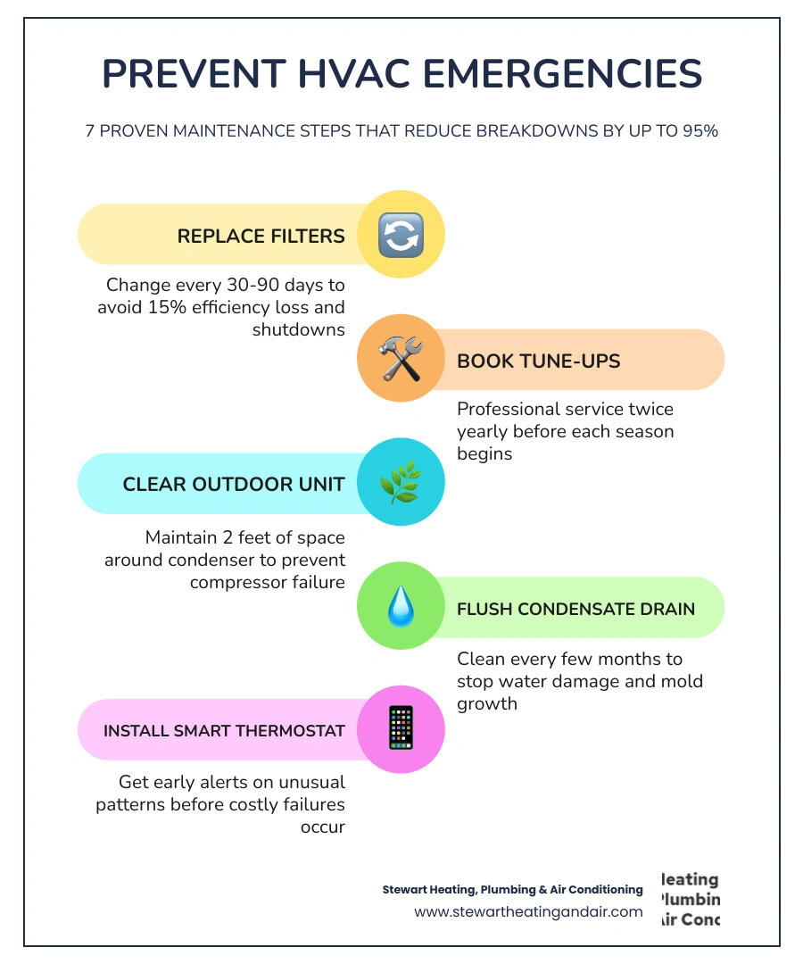Infographic showing 7 key HVAC maintenance steps and their benefits for preventing emergencies infographic Infographic showing 7 key HVAC maintenance steps and their benefits for preventing emergencies infographic