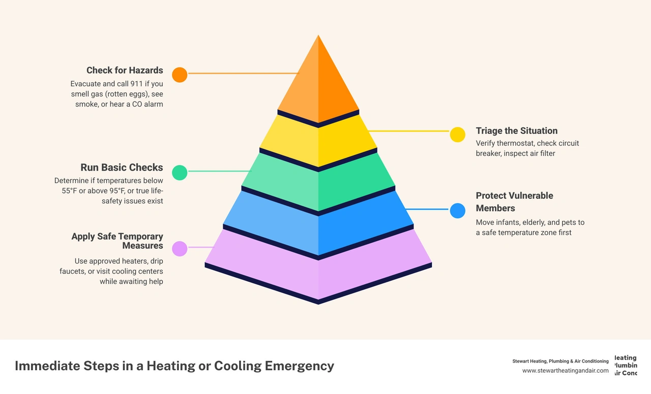 Infographic showing 6 immediate steps to take during a heating or cooling emergency at home infographic Infographic showing 6 immediate steps to take during a heating or cooling emergency at home infographic