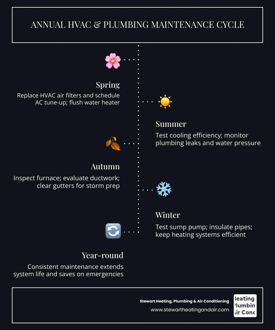 Annual HVAC and plumbing maintenance cycle for East Bay homes by season infographic Annual HVAC and plumbing maintenance cycle for East Bay homes by season infographic