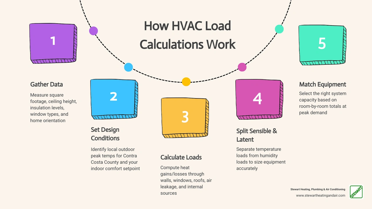 Infographic showing the 5-step HVAC load calculation process from data collection to equipment selection infographic