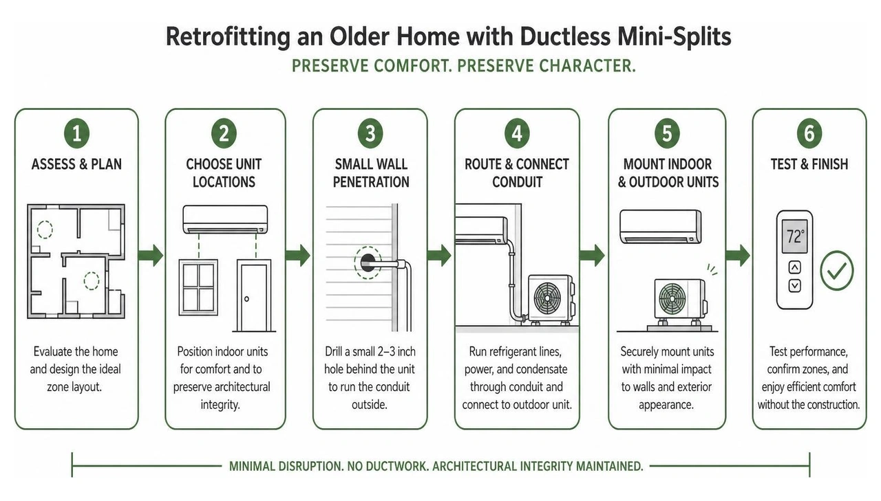 Process of retrofitting an older home with ductless mini-splits without destroying architectural integrity Process of retrofitting an older home with ductless mini-splits without destroying architectural integrity