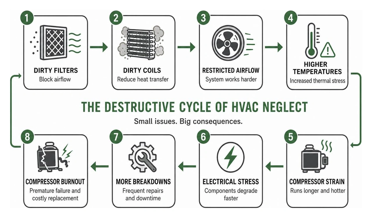 diagram illustrating the destructive cycle of HVAC neglect from dirty filters to compressor burnout diagram illustrating the destructive cycle of HVAC neglect from dirty filters to compressor burnout
