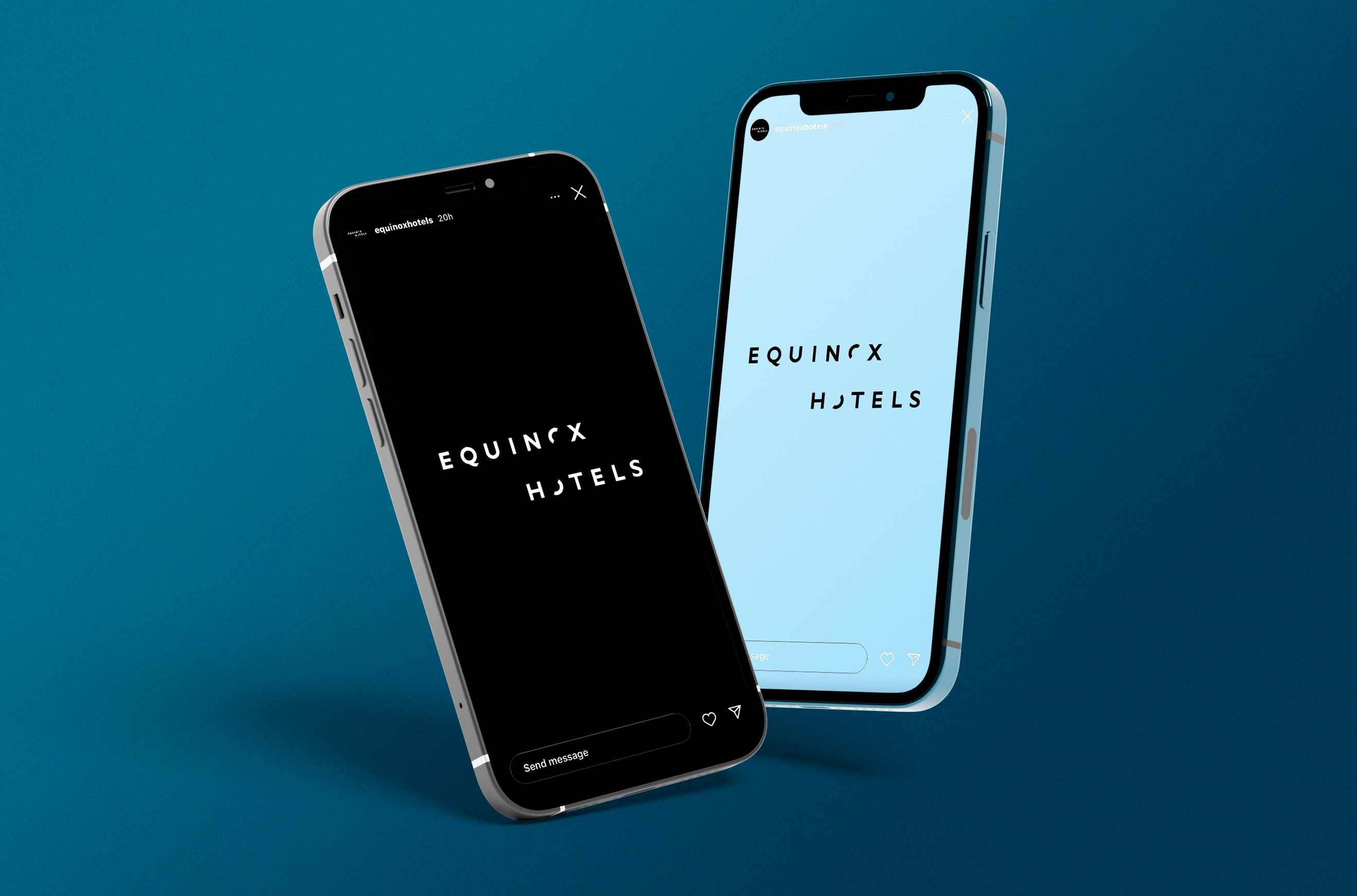 Two iphones hovering against a blue background each with the "Equinox Hotel" logo. One screen has a black background, the other a light blue.