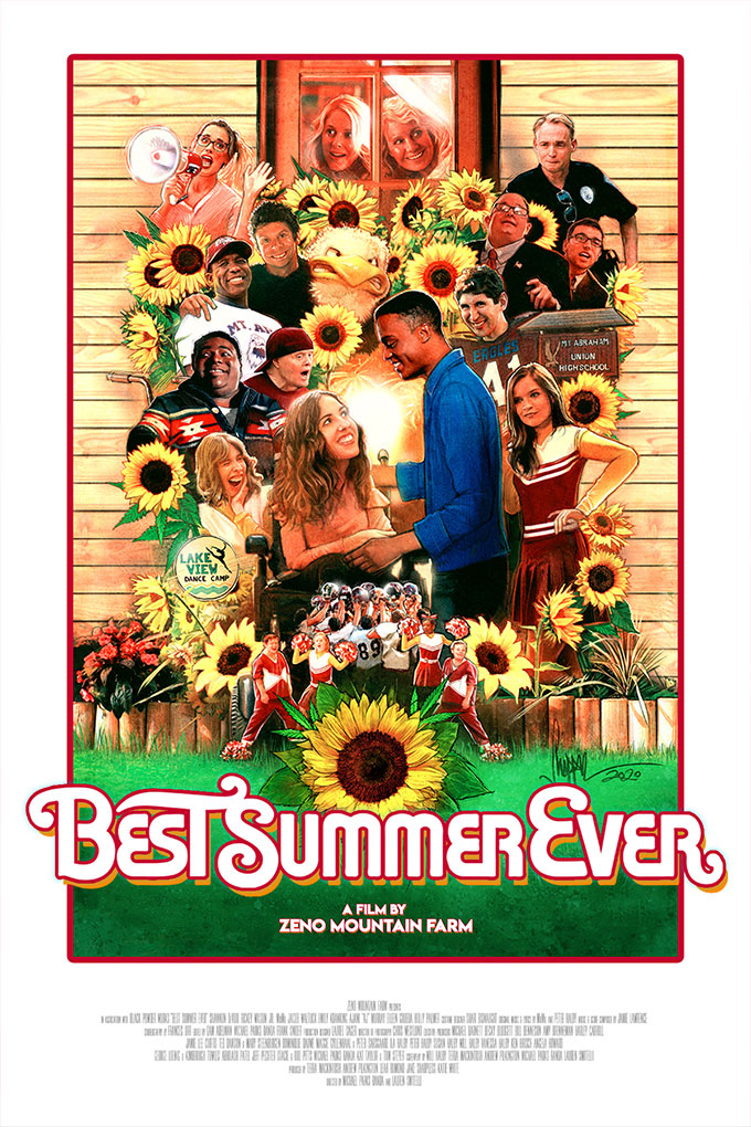 This is a single movie poster for "Best Summer Ever". There's a collage-style image in the background of the characters looking joyful, interspersed with sunflowers. The movie title is in a hand-lettered type that feels like it was made in the 70s.