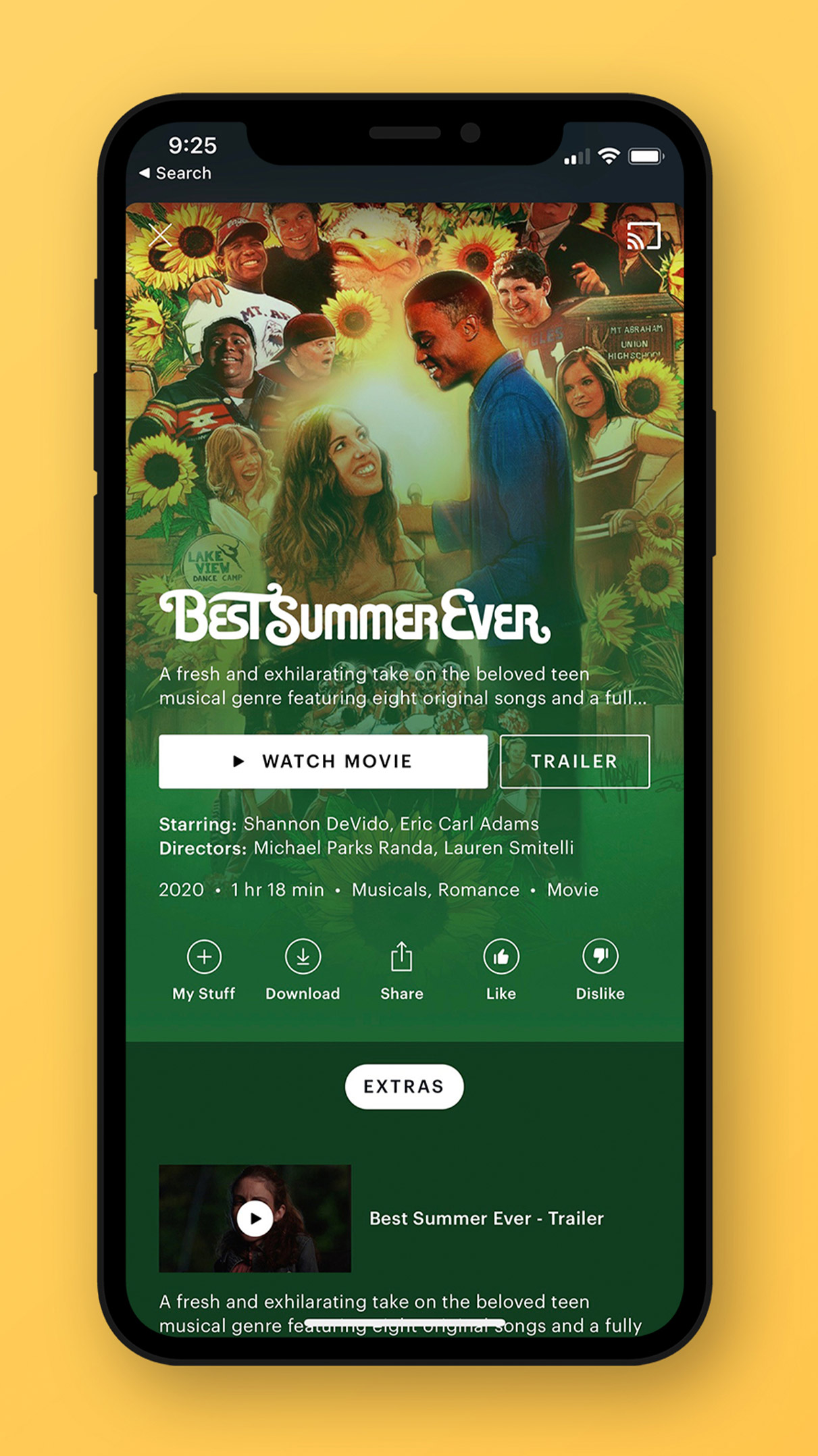 This image features an iPhone laying flat on an yellow background. The screen of the iPhone displays the movie "Best Summer Ever"'s page within a streaming app. There's a collage-style image in the background of the characters looking joyful, interspersed with sunflowers.