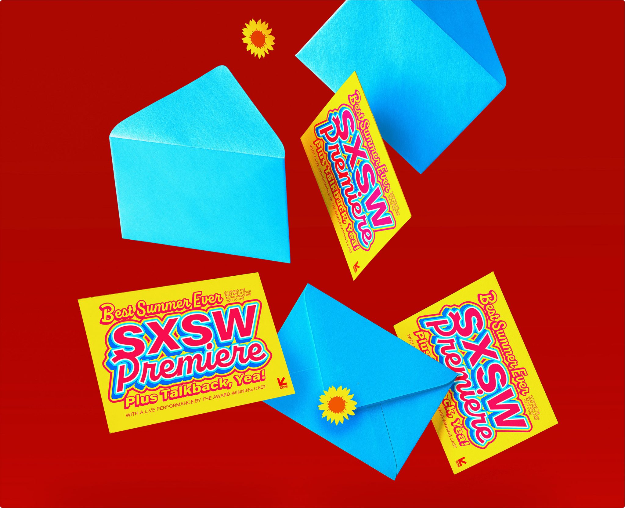 This is an image of yellow postcards and blue envelopes with sunflower stickers falling through the air against a red background. The postcards are a premiere announcement for "Best Summer Ever" at SXSW.