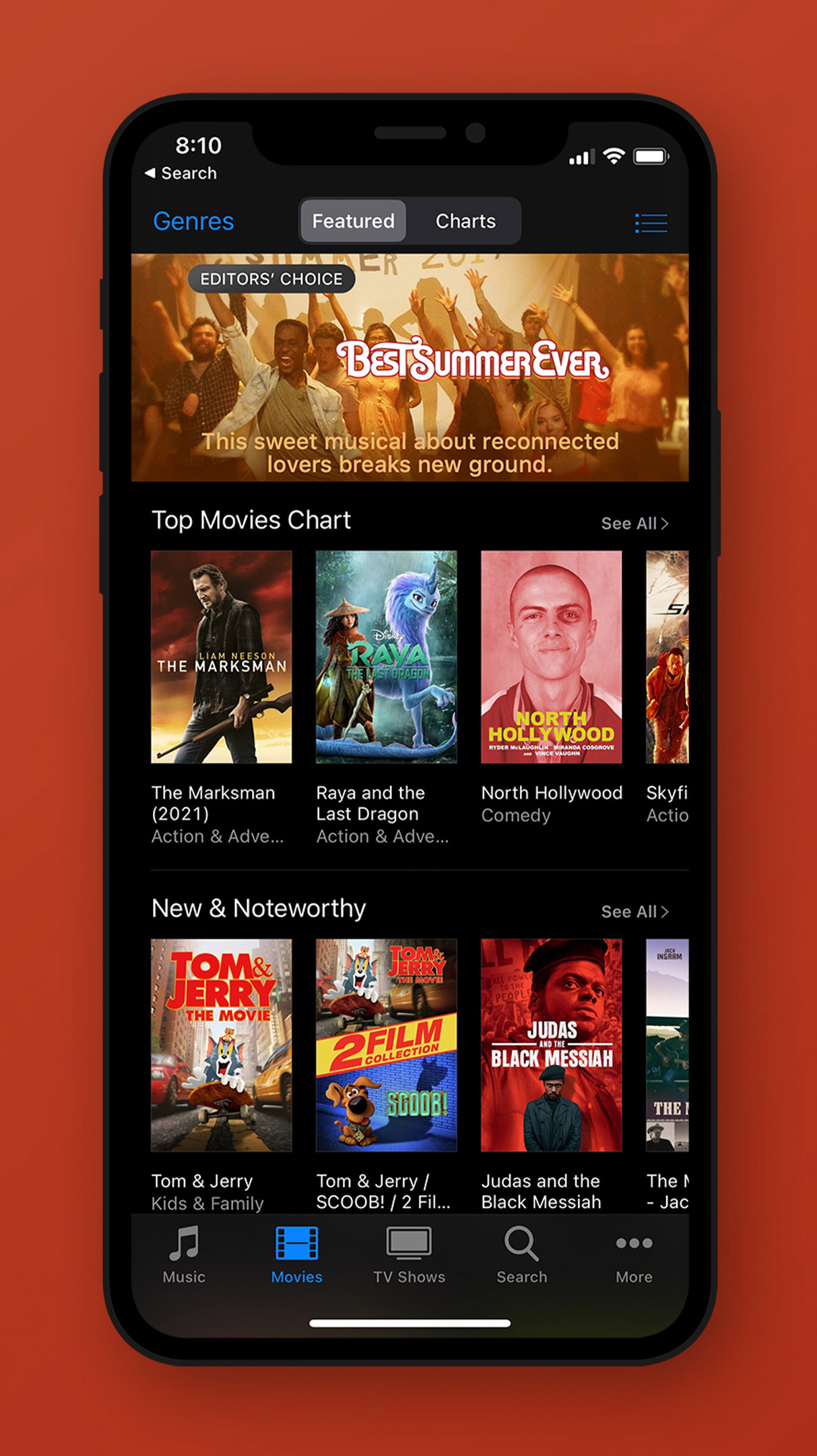 This image features an iPhone laying flat on an orange background. The screen of the iPhone displays the home screen of a streaming app, with Best Summer Ever featured as an Editor's Choice of film.