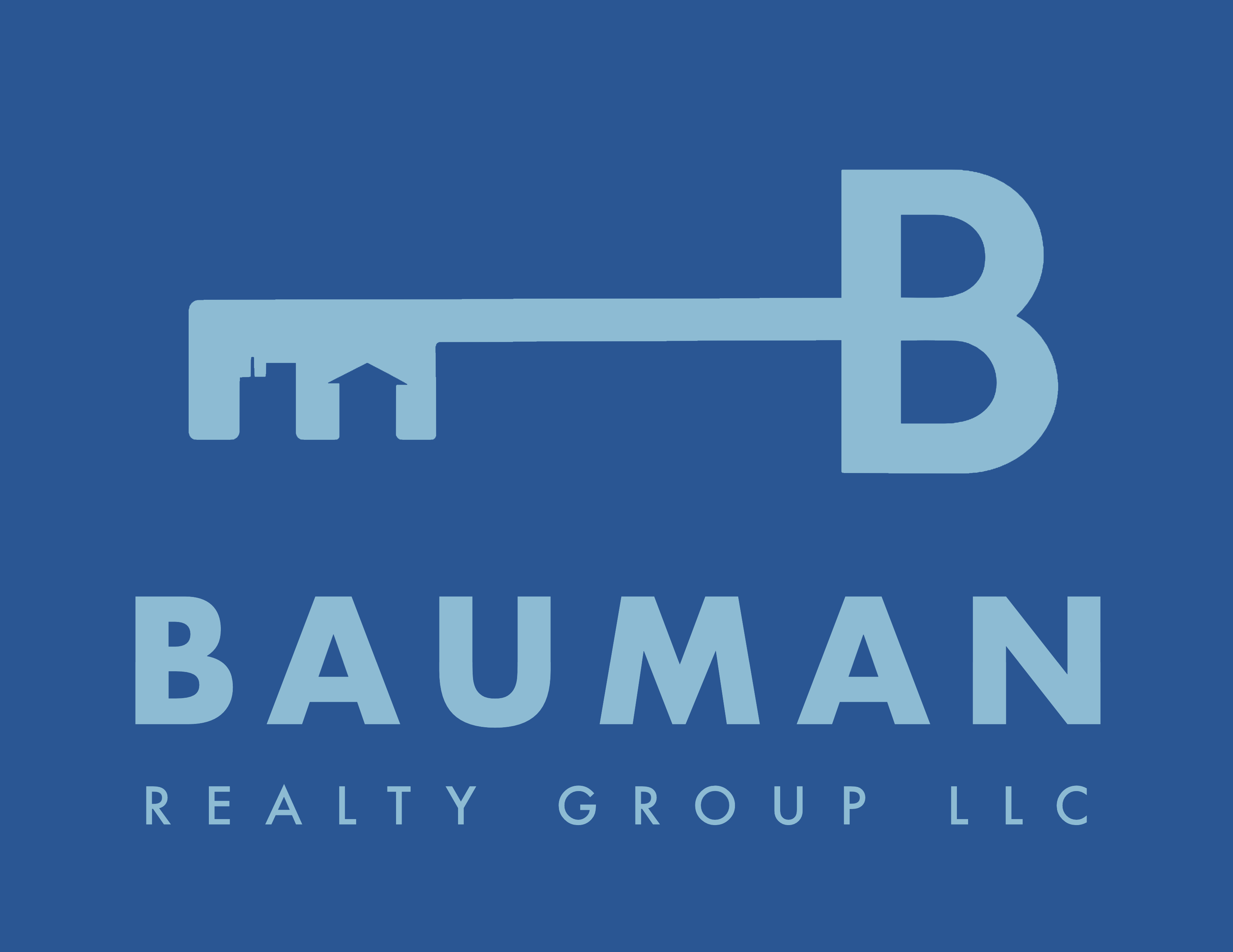 This is a gif of the Bauman Realty Group's logo system, featuring four different color systems in various shades of light and dark blues and purples.