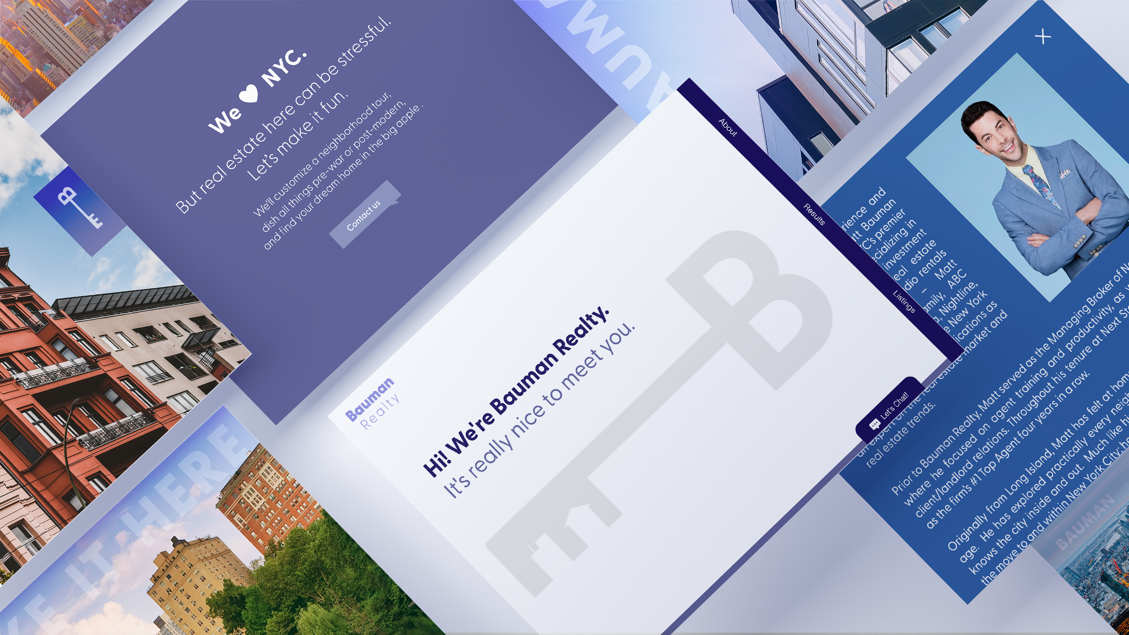 This is an image of a grid of different webpages on the Bauman Realty Group's desktop website. A new shade of purple/blue has been introduced, and the pages include an About, a Home, and a Contact Us page.
